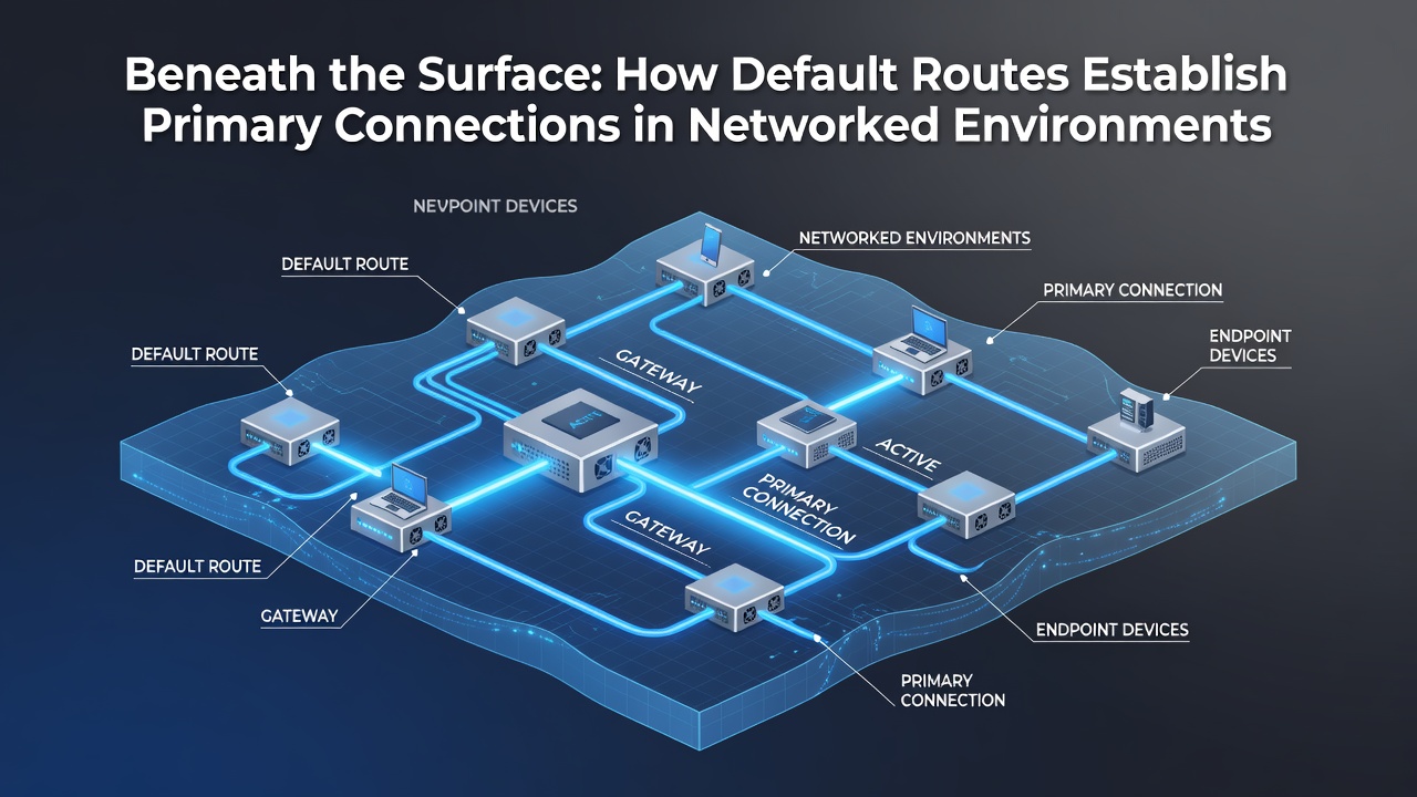 Flowchart showing packet traversal through default routes from end devices to external gateways