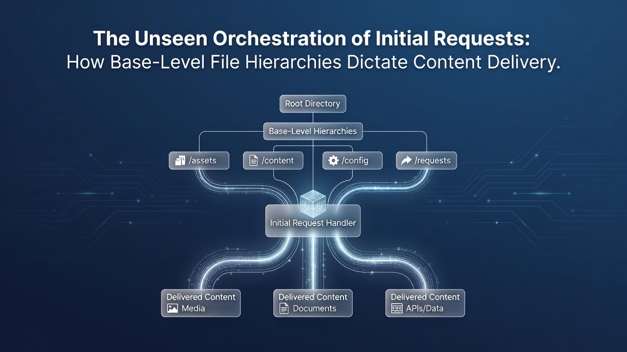 Illustration of server request flow from root directory through varied hosting configurations and content delivery paths